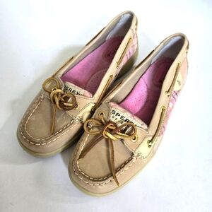 SPERRY Top-Sider Boat Shoes Tan Pink Plaid Sequin Loafer leather sz 7.5